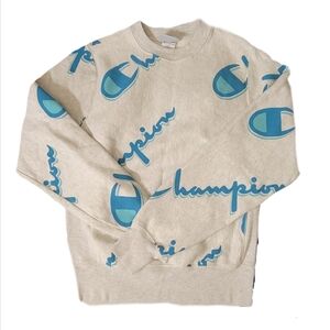 CHAMPION mens small crew neck drop shadow sweatshirt grey blue ribbed nwot